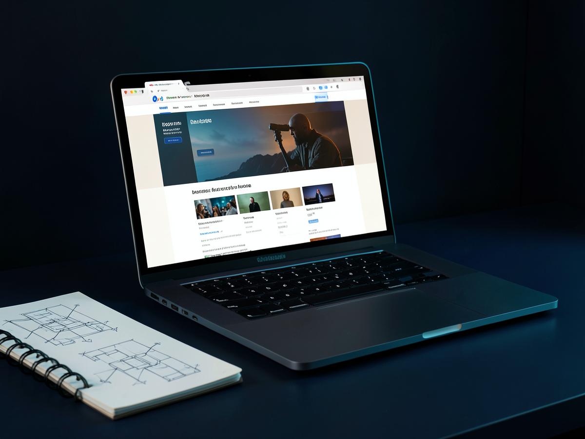 Website design workspace with a laptop and wireframe sketches