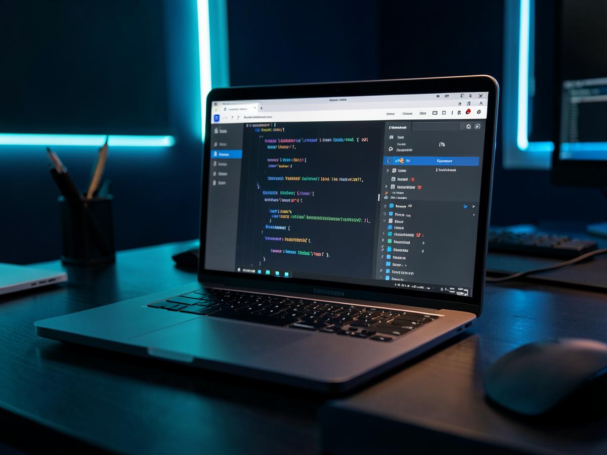 Modern web development workspace with code displayed on a laptop